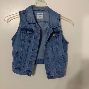 XS, distressed denim vest.